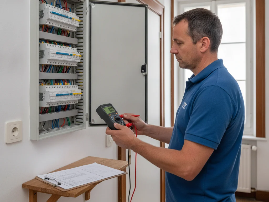 Électricien réalisant un contrôle OIBT sur un tableau électrique à La Chaux-de-Fonds