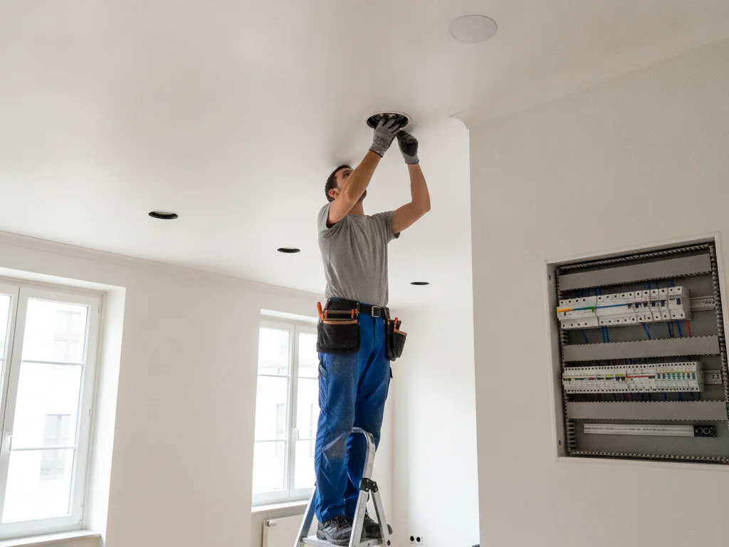 Électricien installant des spots LED dans un plafond à La Chaux-de-Fonds