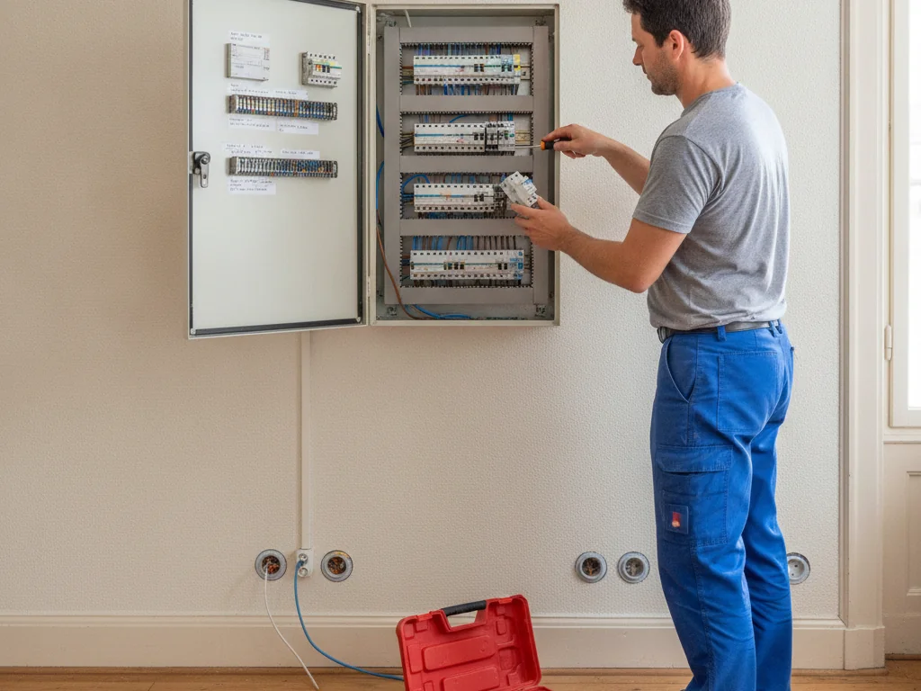 Électricien installant un nouveau tableau électrique à La Chaux-de-Fonds